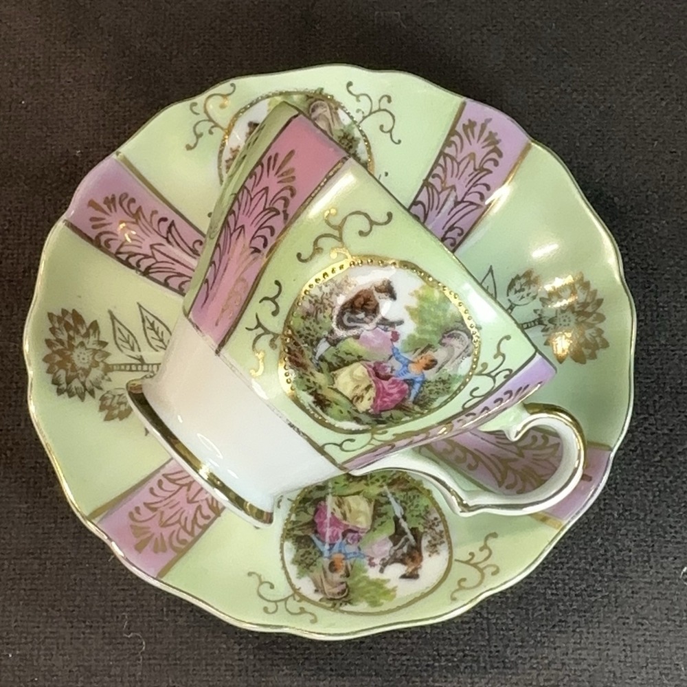 Vtg Fragonard Courting Couple Tea Cup Saucer Lime Green Pink AS-IS Shabby Chic - Picture 3 of 16